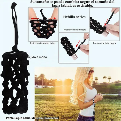 Vista 5 de BIHRTC Cartera llavero de pulsera boho con soporte para lápiz labial, pulsera brazalete hecha a mano Negro Gris