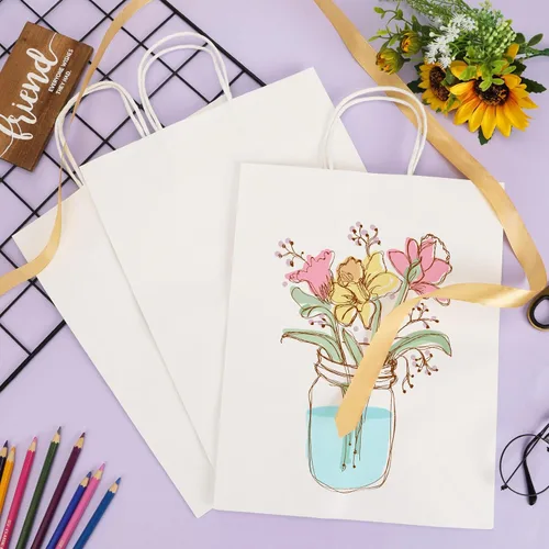 Vista 4 de Moretoes Bolsas de papel con asas, 100 unidades de 10 x 5 x 13 pulgadas, bolsas de regalo de papel kraft blancas a granel para compras, venta al por