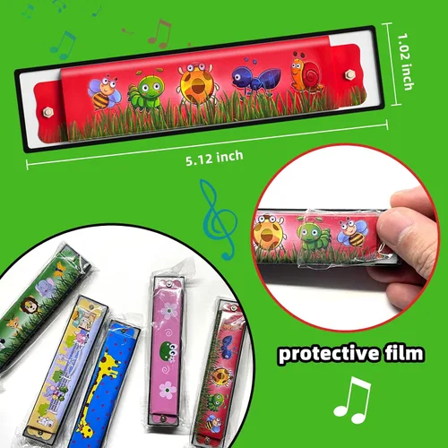 Vista 2 de 5 piezas de armónica para niños, regalo de cumpleaños, instrumento musical, regalo de fiesta de regreso, armónica de fila doble de dibujos animados