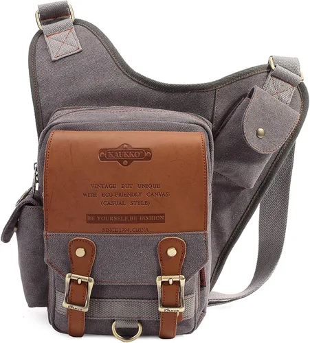 Vista 17 de Bolso de mensajero de lona vintage para hombre, bolso de mensajero de retazos de cuero en el pecho