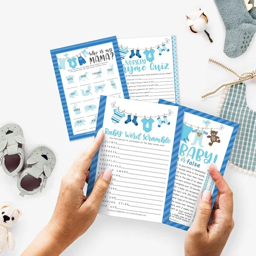 Vista 2 de Hadley Designs 25 palabras azules para baby shower, 25 juegos verdaderos o falsos, 25 juegos de animales para bebés, 25 juegos de rimas
