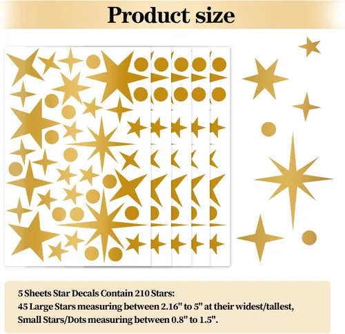 Vista 5 de Calcomanías de pared vintage con estrellas doradas, 5 hojas, 210 unidades, calcomanías con estrellas y puntos, calcomanías de arte de pared