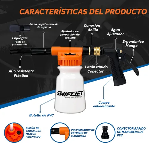 Vista 4 de SwiftJet Pistola de Espuma para Lavado de Autos + Guante de Lavado de Microfibra - Cañón de Espuma Funciona con Cualquier Jabón - Rociador de Espuma
