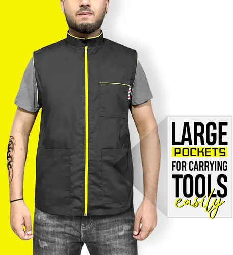 Vista 5 de Chaqueta profesional de peluquero para hombre, sin mangas, color negro, con 2 bolsillos para herramientas de peluquero y cremallera unidireccional