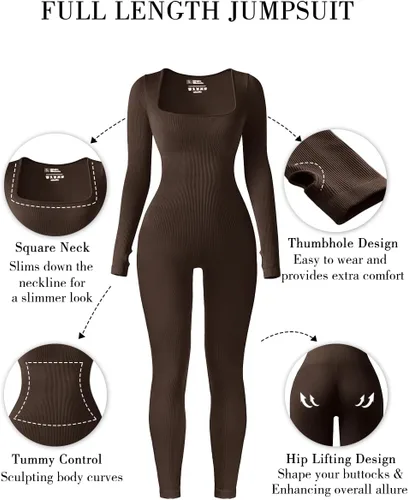Vista 3 de Vigorics Overol de yoga de manga larga para mujer, con control de abdomen, acanalado, cuello cuadrado, bodycon