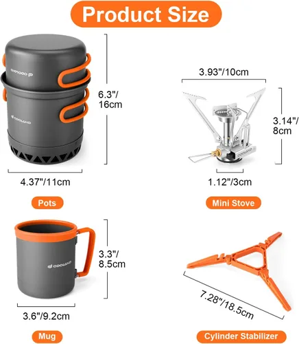 Vista 2 de Odoland Juego de ollas de camping con intercambiador de calor, juego de cocina con estufa de camping portátil, kit de comida de camping, incluye