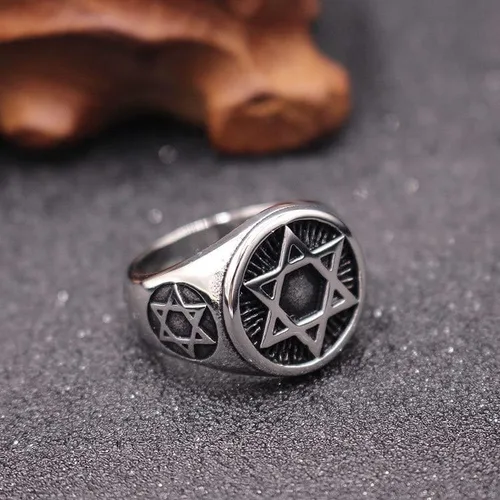 Vista 7 de Anillo de acero inoxidable para hombre, diseño de estrella de David con seis puntos, tamaño 7-13
