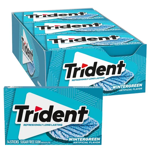Vista 19 de 12 paquetes de 14 unidades cada uno; es decir, en total son 168 unidades de goma de mascar Trident Bubblegum sin azúcar sabor chicle. Accesorios