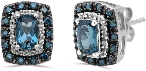 Vista 2 de Jewelili Aretes de plata de ley de 025 x 023 pulgadas con corte cojín de topacio azul Londres y diamante redondo tratado de 13 quilates con diamante