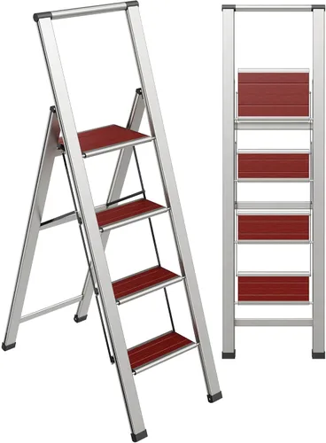 Vista 18 de Escalera de Peldaños de 1 Escalón Plegable, Decorativa - Hermosa Madera Gris y Aluminio Negro, Perfil Ultra Delgado, Peldaños Antideslizantes