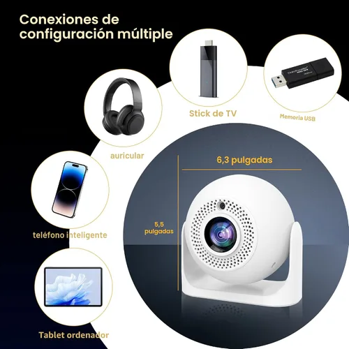Vista 6 de Mini proyector de enfoque automático con aplicaciones integradas, proyector portátil con WiFi y Bluetooth, proyector de techo Keystone automático