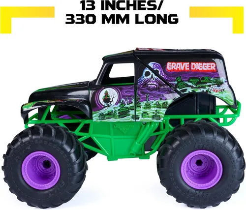 Vista 8 de Monster Jam, Vehículo oficial de Smash & Bash Grave Digger con control remoto para interiores y exteriores, camión monstruo reparable a escala 1:15