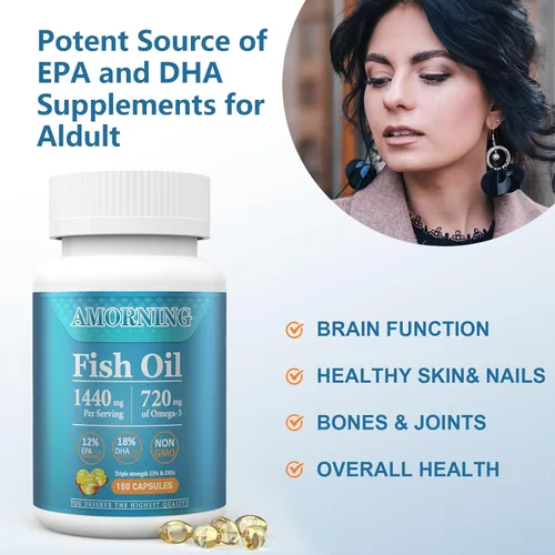 Vista 6 de Aceite de Pescado Omega 3 - Ácidos grasos - Suplemento en cápsulas blandas pequeñas - 180 unidades de 1440 mg para apoyar la salud del corazón
