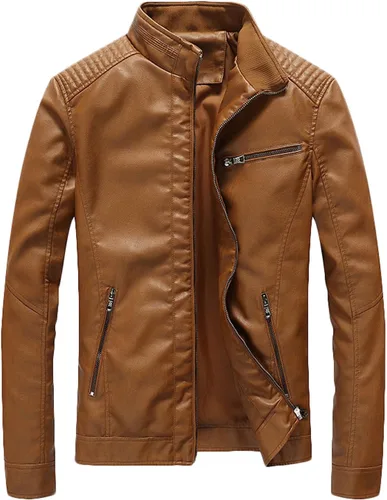 Vista 4 de Youhan Chaqueta bomber de piel sintética con cremallera para hombre, estilo casual y ajustada Verde militar