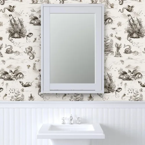 Vista 9 de Spoonflower Papel tapiz para despegar y pegar, diseño vintage de dragón, océano, pulpo, sepia, toile, sirena, steampunk, papel tapiz extraíble