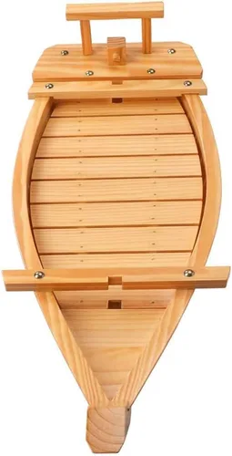 Vista 5 de Bandeja de madera para servir sushi barco, plato de sushi de 20.5 pulgadas para restaurante o hogar, bandeja de sushi de gran tamaño para servir