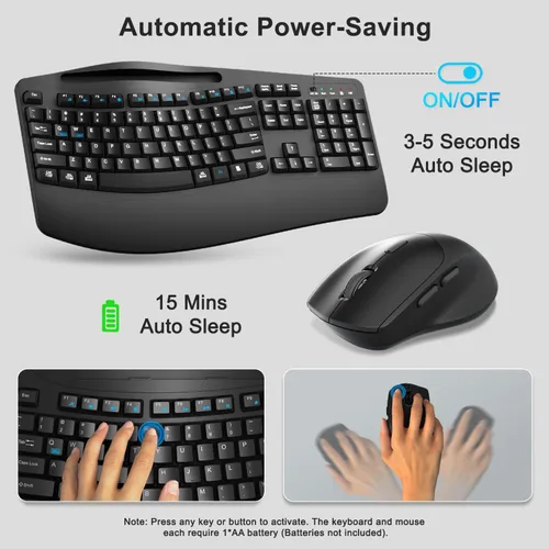 Vista 6 de Combo de teclado y mouse inalámbricos, teclas onduladas de tamaño completo 2.4G, teclado ergonómico con reposamuñecas, soporte para teléfono, mouse