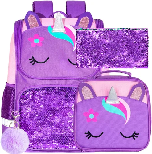 Vista 9 de KLFVB Mochila de 3 piezas para niñas y niños, bolsa de libros de dinosaurio de unicornio de 15 pulgadas con lonchera, bolsa escolar preescolar