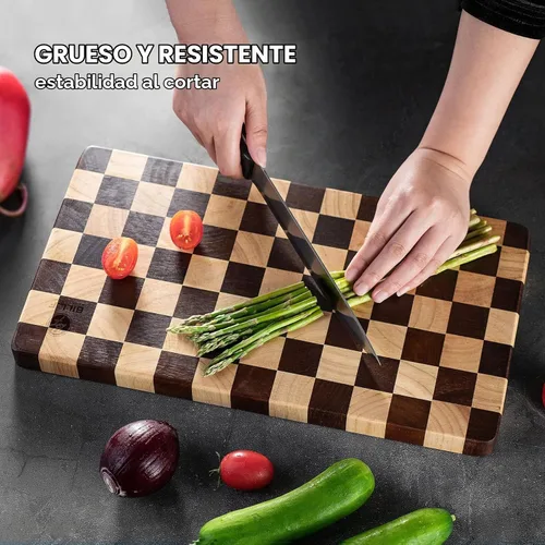 Vista 5 de Tabla de cortar de madera bloque de carnicería, tabla de cortar de madera con patrón de tablero de ajedrez y asas laterales interiores para carne