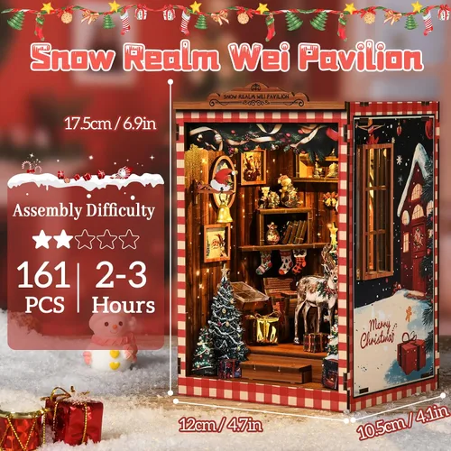 Vista 2 de Kits de rincón de libros de Navidad para adultos, rompecabezas de madera 3D, kit de casa en miniatura para decoración de estantería con luces LED