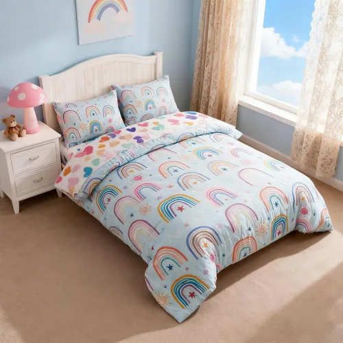 Vista 6 de Holawakaka Juego de edredón bohemio arcoíris tamaño individual con sábanas, juego de cama bohemio de 5 piezas con corazón, estrella y amor para Azul
