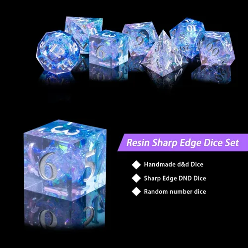 Vista 5 de DND - Juego de dados de resina de borde afilado, hecho a mano, 7 dados poliédricos, juego de dados DND RPG MTG, juego de dados para juegos de rol