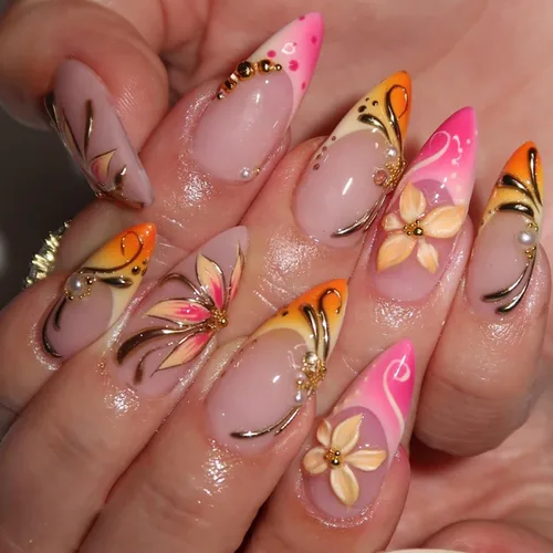 Vista 28 de Uñas postizas largas a presión, color negro, diseño francés y floral, 24