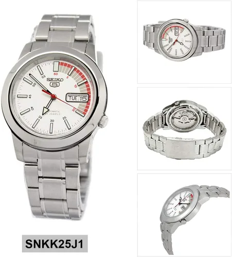 Vista 2 de Seiko Reloj automático para hombre con esfera plateada serie 5 SNKK25J1, Tono-plateado, Bobinado automático, Automático