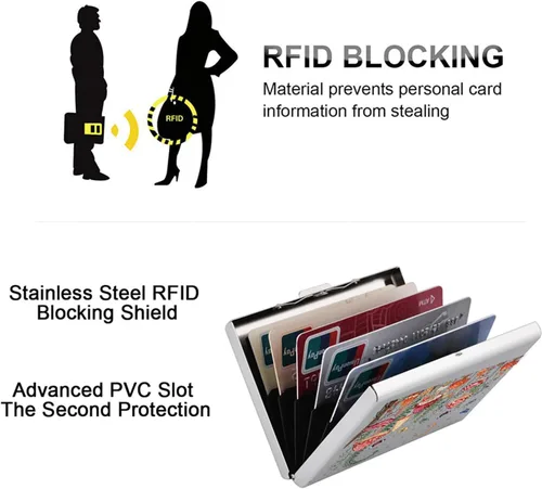 Vista 106 de BONSYL® Soporte para tarjetas de crédito, cartera delgada de metal con bloqueo RFID, con 6 ranuras para tarjetas, para mujeres y hombres.
