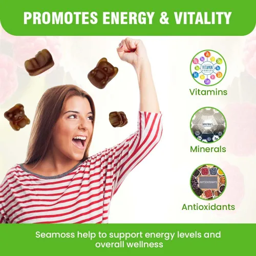 Vista 5 de Safrel Gomitas de musgo marino irlandés de 3000 mg con raíz de vejiga y bardana, energía tiroidea y apoyo inmunológico, sabor vegano a frambuesa, 60