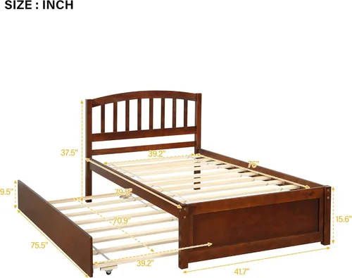Vista 2 de Base de cama individual de madera maciza para niños con nido y cabecera curvada, base de cama de plataforma de perfil bajo con soporte de listones