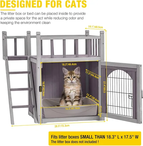 Vista 3 de Aivituvin Casa para gatos al aire libre con puerta de alambre con cerradura, refugio de madera para perros, condominio para interiores con balcón