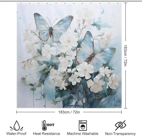 Vista 6 de YLATY3718 - Cortina de ducha de mariposa azul para baño, juego de cortina de ducha bohemia con flores blancas y hojas verdes, tela abstracta moderna