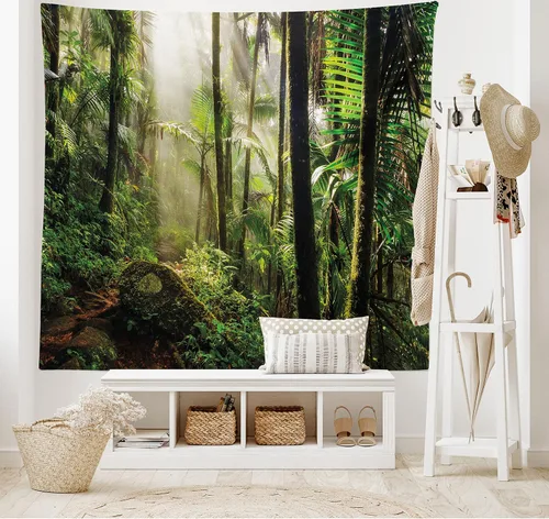 Vista 2 de Ambesonne Tapiz Puerto Rico tamaño King, camino de la selva a través del bosque nacional El Yunque, colcha colgante de pared, decoración de pared