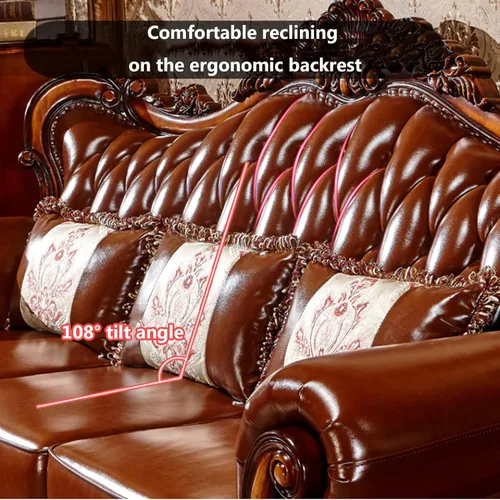 Vista 5 de Sofá de cuero de estilo europeo, madera maciza tallada de gama alta estilo americano sofá villa muebles de sala de estar adecuado para la sala