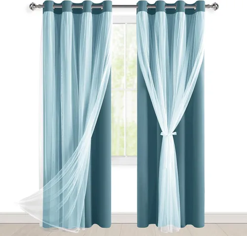 Vista 44 de Hiasan Cortinas opacas con superposición transparente, aislamiento térmico para mezclar y combinar de doble capa, cortinas de oscurecimiento de Beige