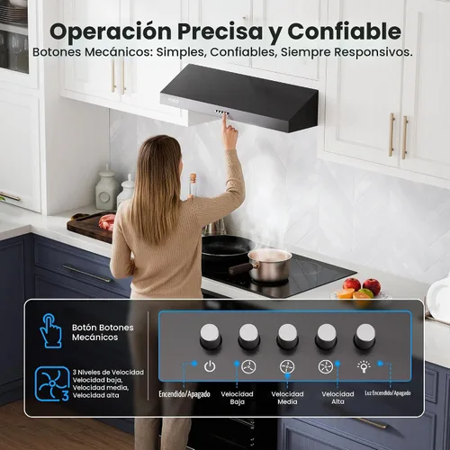 Vista 4 de VIKIO HOME Campana extractora para debajo del gabinete de 30 pulgadas, ventilación de cocina de doble motor de 580 CFM con luces LED, control