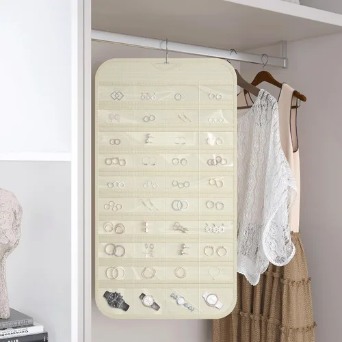 Vista 4 de Organizador colgante de joyas con 80 bolsillos de almacenamiento de doble cara, 1 paquete, color beige