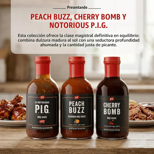 Vista 2 de PS Seasoning Salsa BBQ dulce y picante paquete de 3, cerdo desmenuzado de melocotón y cereza