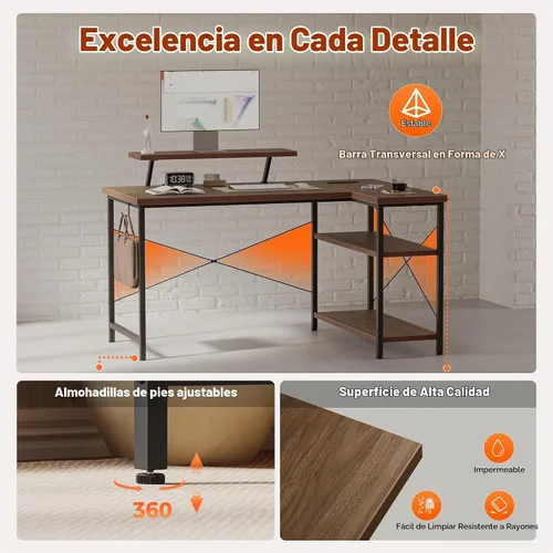 Vista 6 de Mericonia Escritorio esquinero de 40 pulgadas con soporte para monitor Nogal