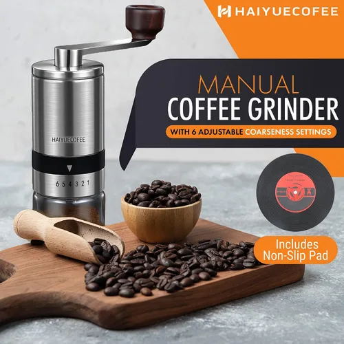 Vista 2 de Molinillo de café manual con 6 ajustes de grosor ajustables, molinillo de café con manivela de mano con rebabas de cerámica para granos de expreso