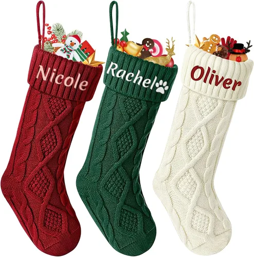 Vista 13 de Dreamdecor - Medias de Navidad personalizadas con nombre y monogramas, medias familiares de 18 pulgadas con placa de cuero para niños, 1 paquete