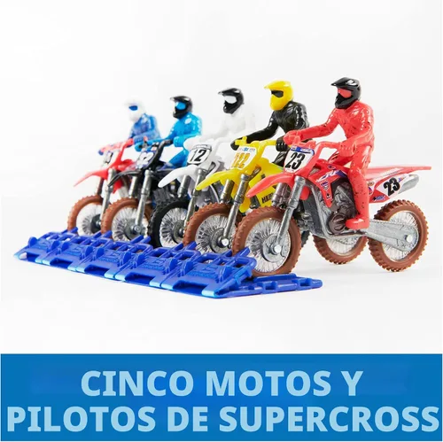 Vista 3 de Supercross, Auténtico paquete de 5 motocicletas fundidas a escala 1:24 con figura de jinete, moto de juguete para niños y coleccionistas a partir