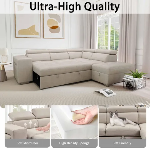 Vista 4 de THSUPER Sofá Seccional Reclinable en Forma de L de Microfibra de 104'', Sofá Cama con Cama Extraíble y Otomana de Almacenamiento, Sofás Convertibles