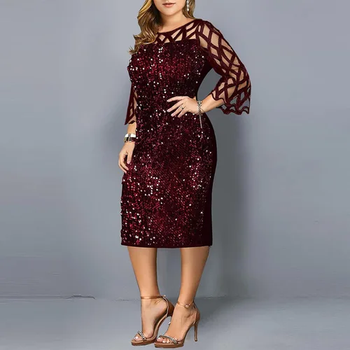 Vista 2 de VEZAD Vestido de noche de manga 34 con lentejuelas y cintura imperio para mujer, color liso, con cuello redondo, vestido de noche envolvente hasta
