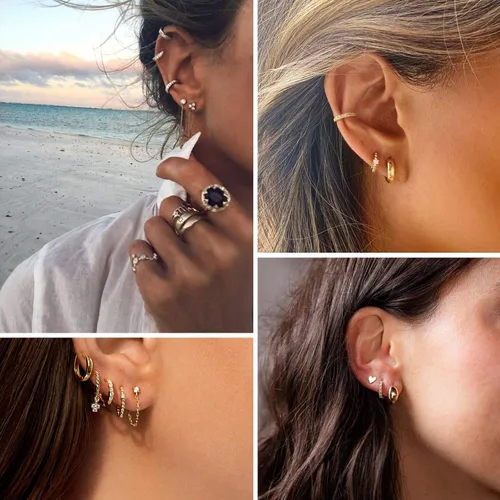 Vista 3 de Juego de 5 pares de aretes de aro dorados o plateados para mujeres y niñas, pequeños colgantes de circonia cúbica, joyas para regalo