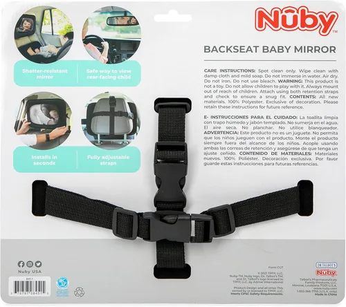 Vista 8 de Nuby Espejo de bebé para asiento trasero con correas totalmente ajustables, resistente a los golpes, se instala en segundos, color negro