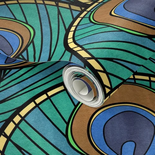Vista 2 de Spoonflower Despegar y pegar papel pintado Swatch – Patrón de abanico Art Deco de pavo real pluma azul verde 1920 inspirado vintage dorado estampado