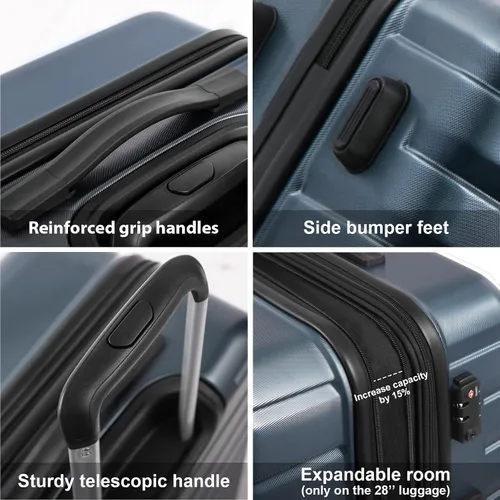 Vista 4 de Coolife Maleta extensible para equipaje PC ABS TSA Lock Spinner Llevar en juegos de 3 piezas, Azul