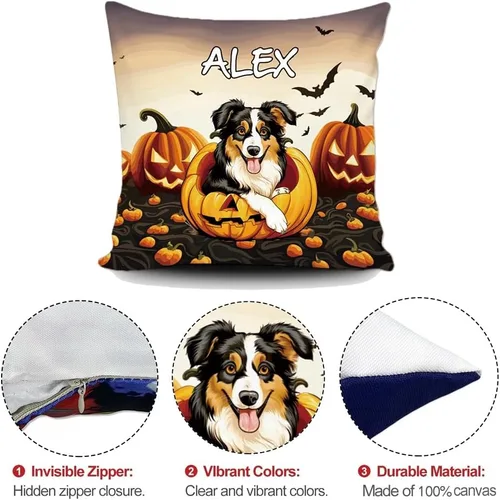 Vista 3 de Funda de almohada personalizada de Halloween, diseño de calabaza, lindo cachorro, funda decorativa de lona para sofá, 16 x 16 pulgadas, estampado